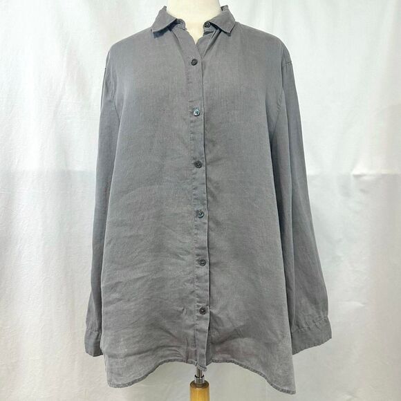 J. JILL Love 100% Linen Gray Button Up Collared Long Sleeve Blouse Women L Lagum - Picture 1 of 6